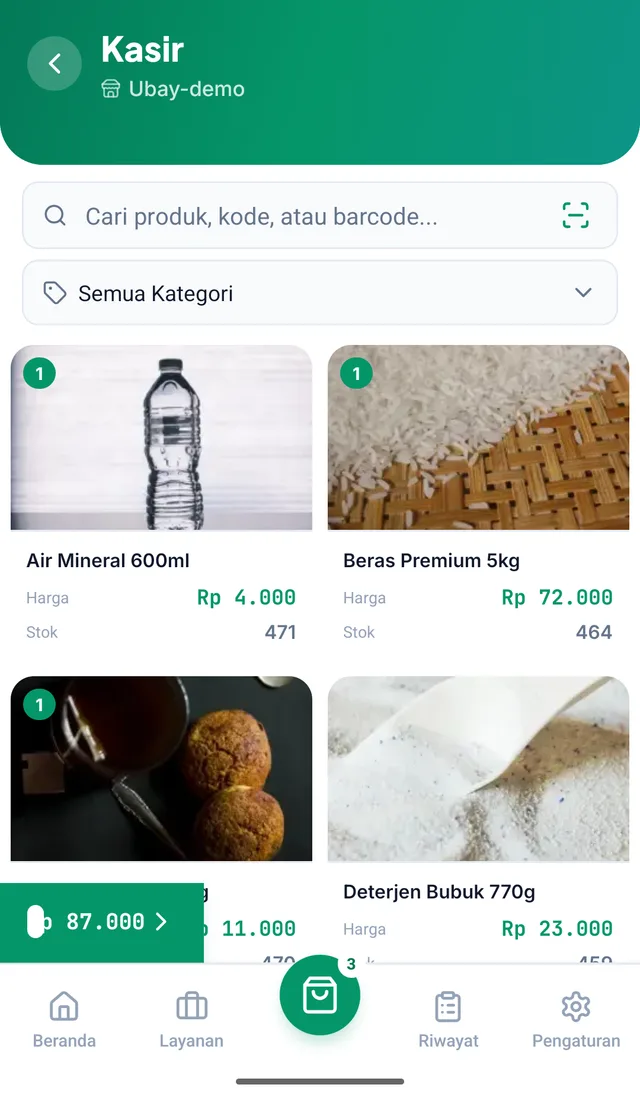 Layar kasir: memilih produk dari katalog berfoto