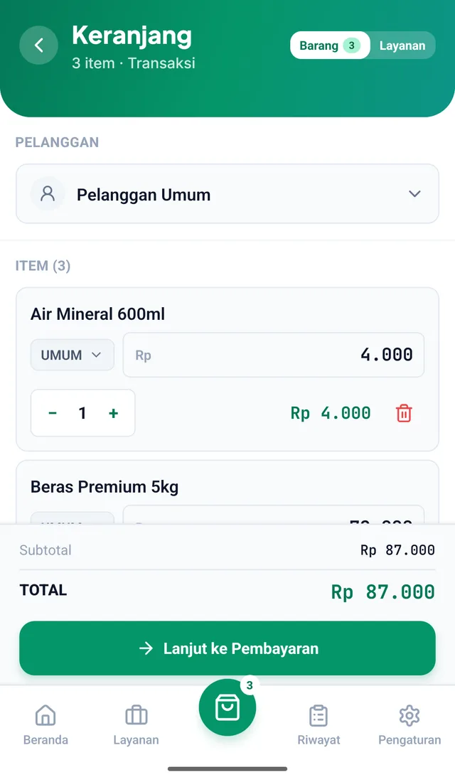 Keranjang berisi tiga item dengan total Rp 87.000