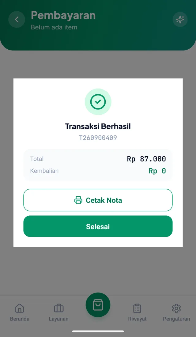 Transaksi berhasil dengan nomor nota dan kembalian