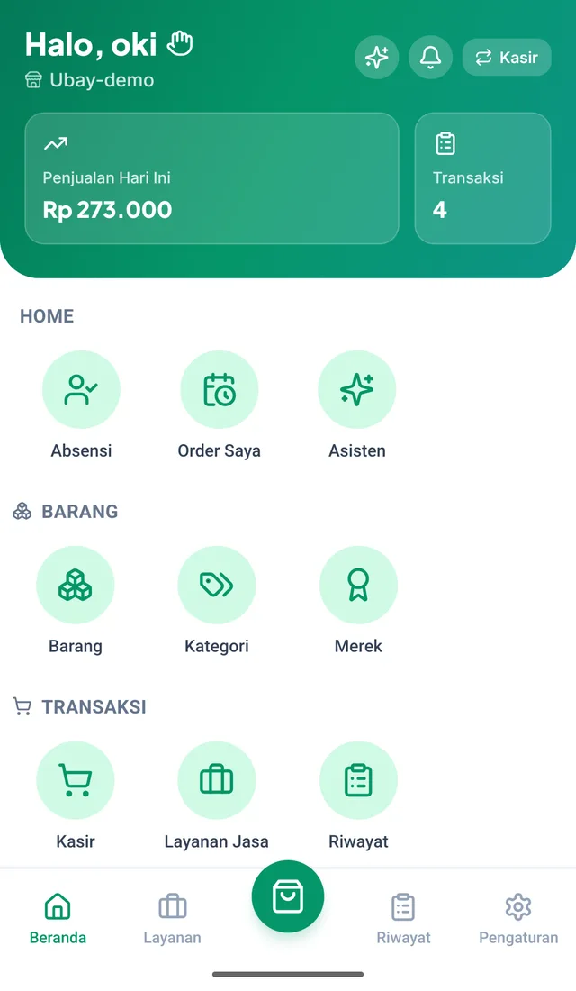 Beranda aplikasi menampilkan penjualan hari ini dan pintasan menu toko